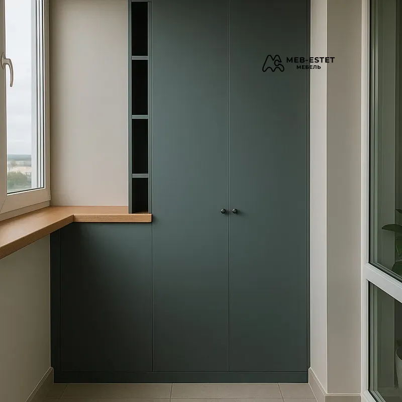 Шкаф балкон зелёный с полками