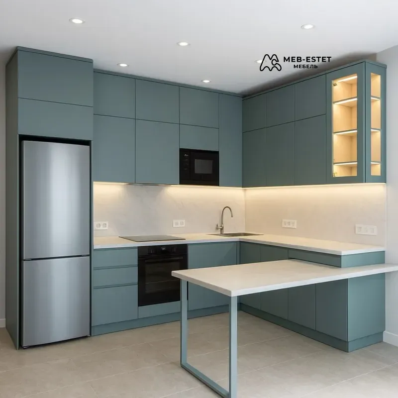 кухня угловая зеленая барная стойка