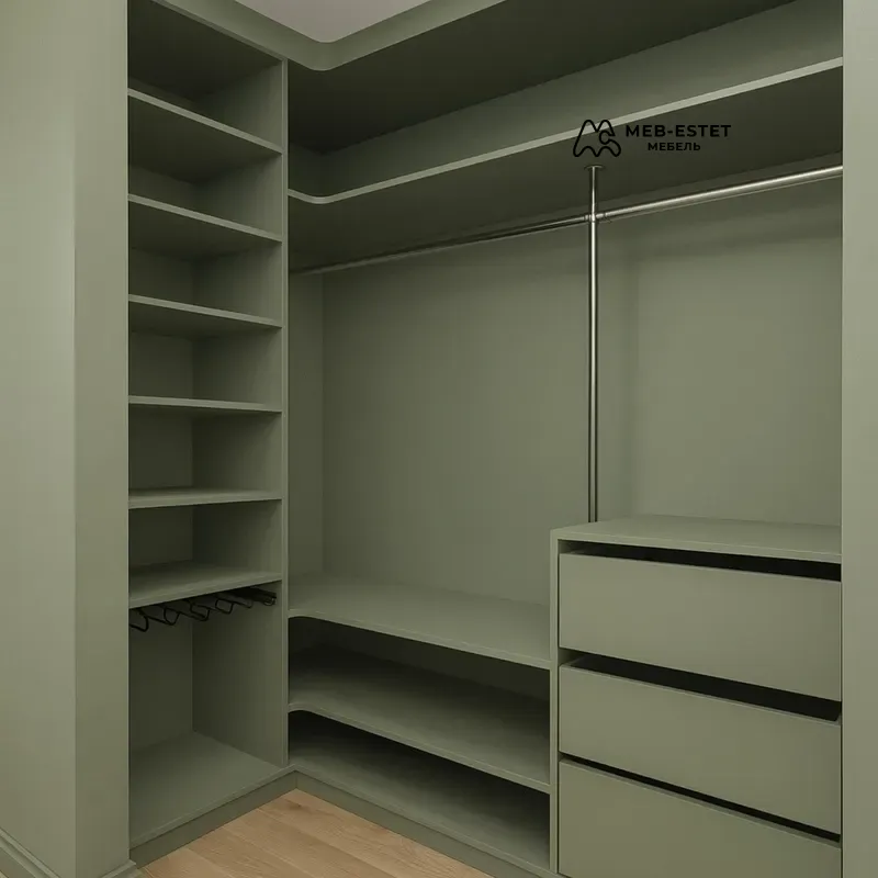 Угловая зелёная гардеробная под заказ