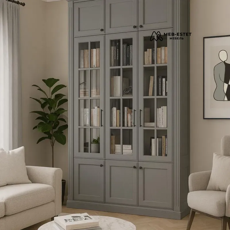 Высокая книжная витрина с антресолями