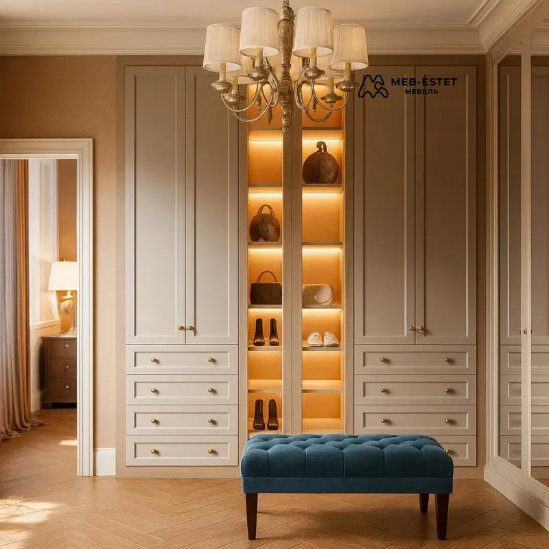 гардеробная неоклассика встроенная с подсветкой