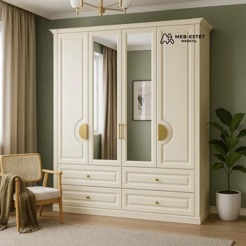 Шкаф платяной кремовый с зеркалом