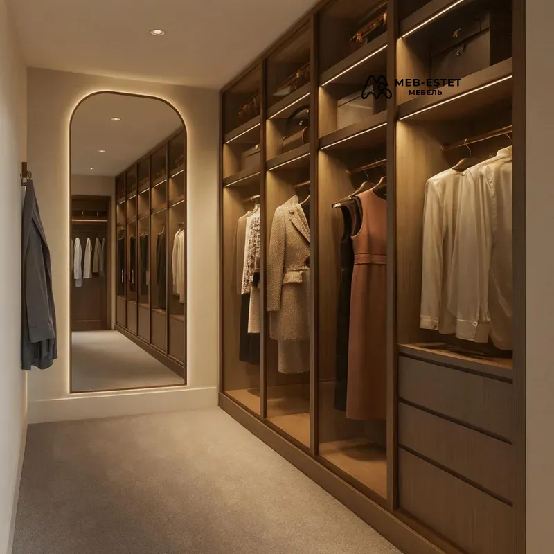 гардеробная с витринами и подсветкой