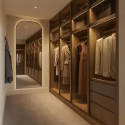 Гардеробная с витринами и подсветкой