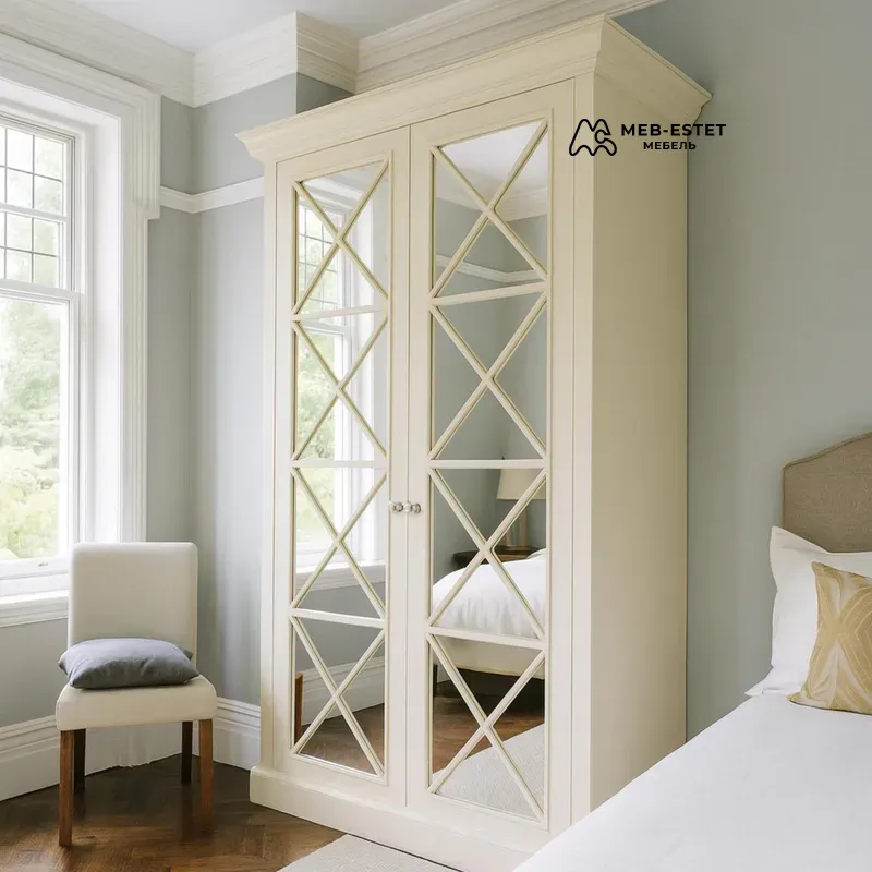 Шкаф с зеркальными дверями кремовый