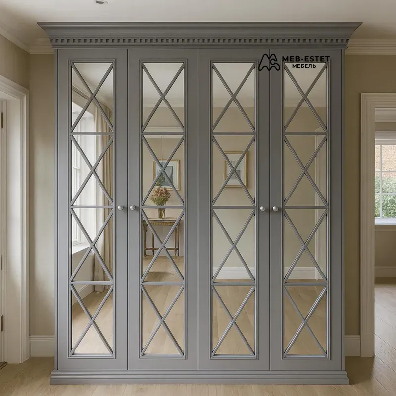 Классический распашной шкаф с зеркалами серый