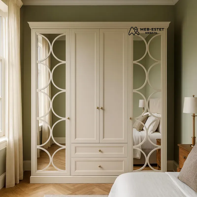 Шкаф неоклассика кремовый с зеркалом