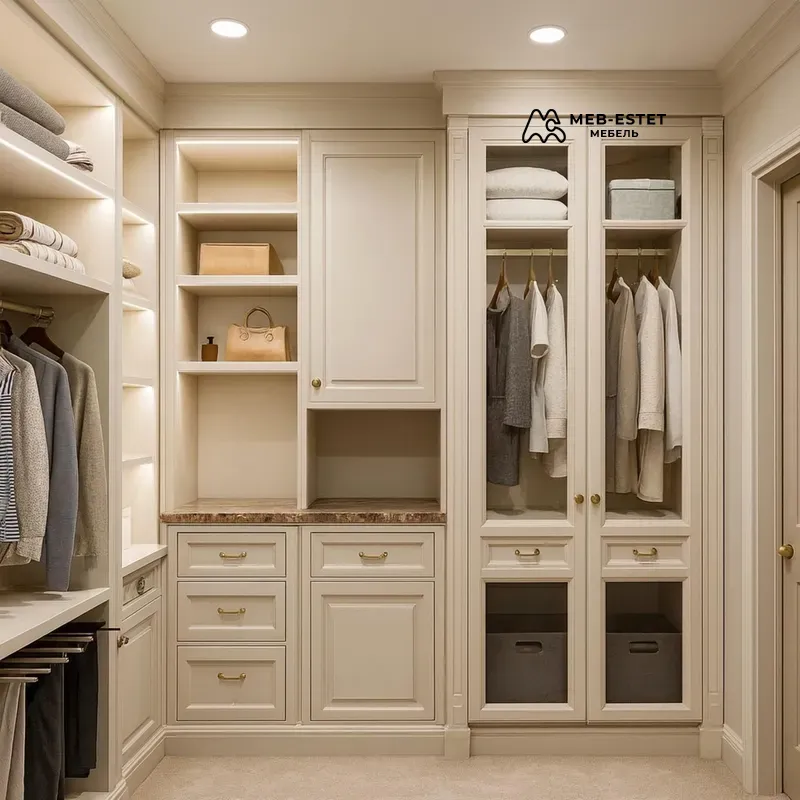 Гардеробная кремовая с витриной