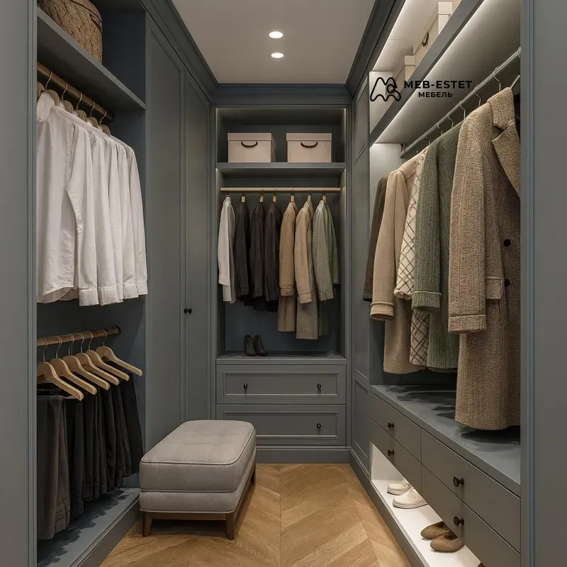 Серая встроенная гардеробная премиум
