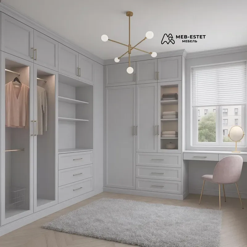 Серая встроенная гардеробная угловая