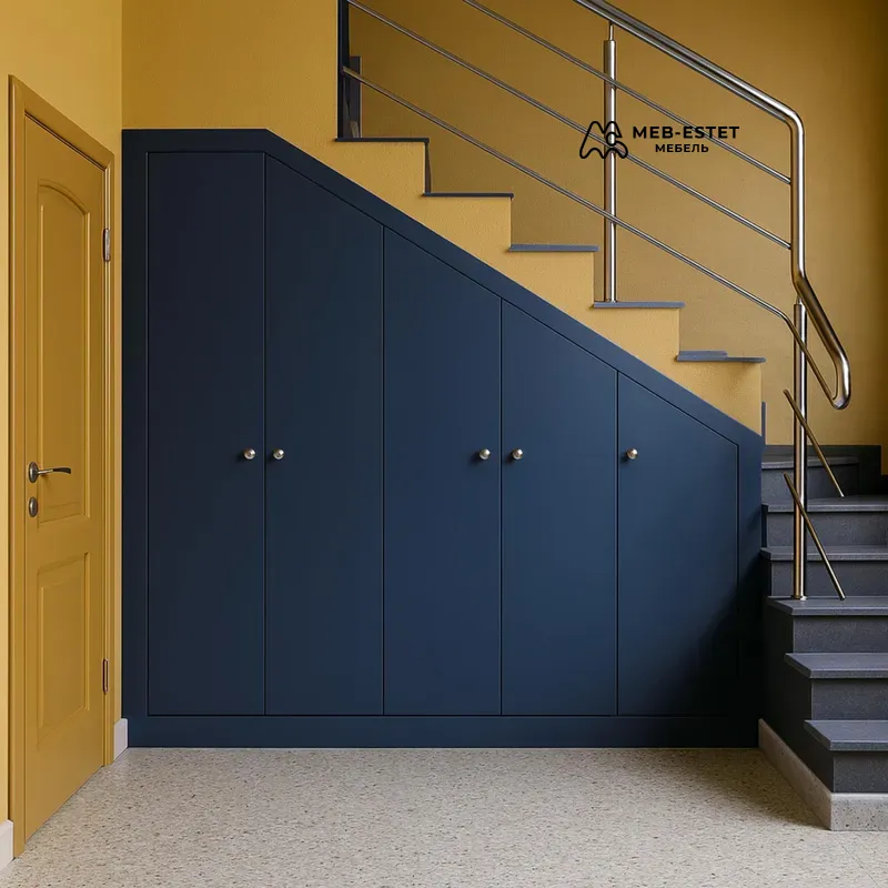 Шкаф под лестницу синий матовый
