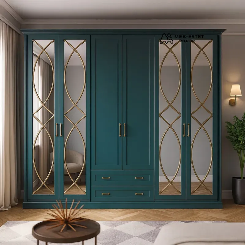 Бирюзовый распашной шкаф с зеркалами