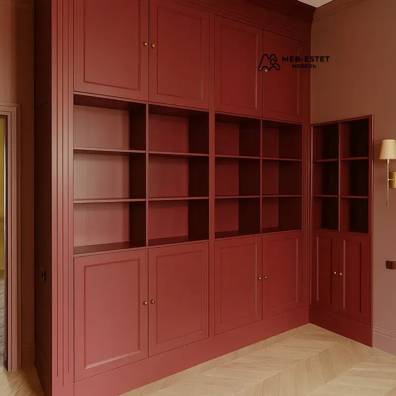 Встроенный книжный шкаф красный