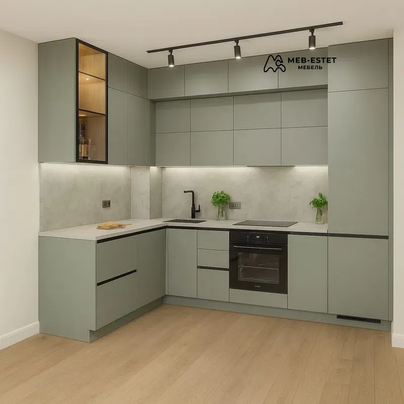 Кухня угловая зелёная матовая пенал