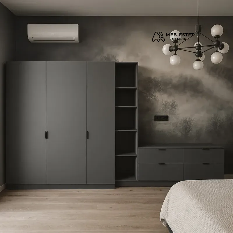 Темный шкаф с тумбой и полками