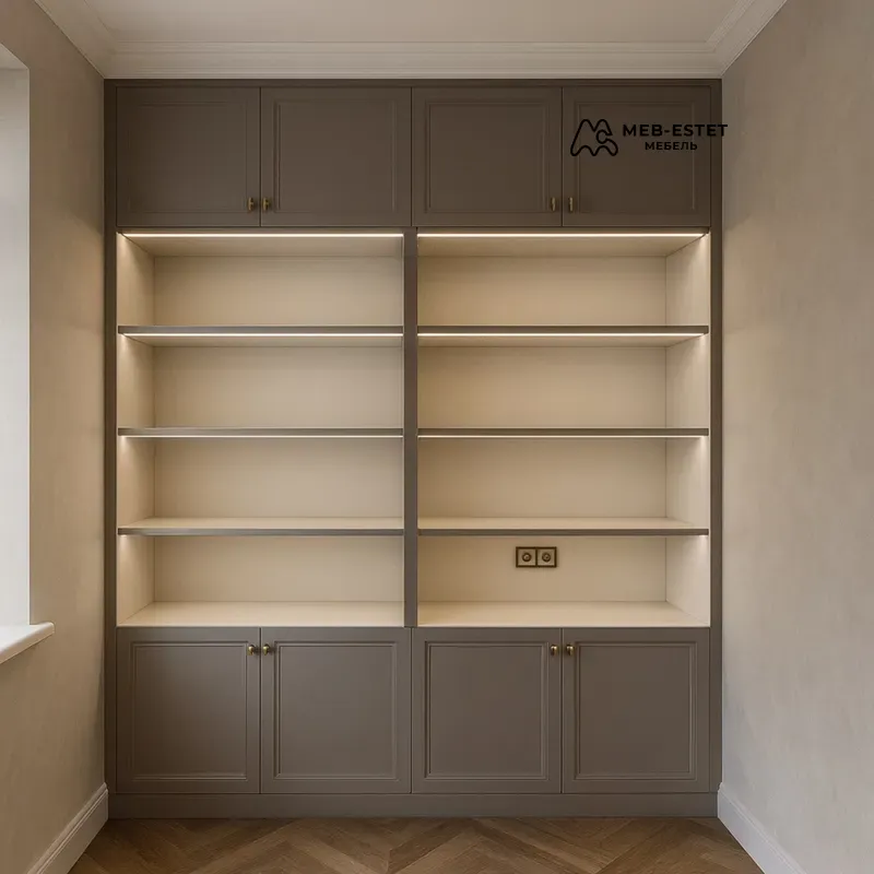 Встроенный стеллаж с антресолями