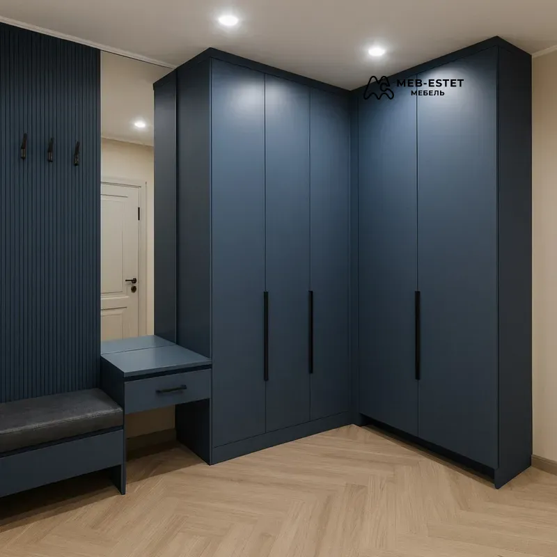 Угловой шкаф с банкеткой синий