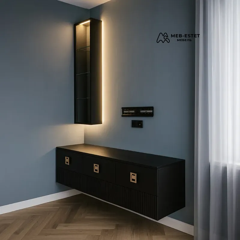 Навесная тумба с витриной чёрная