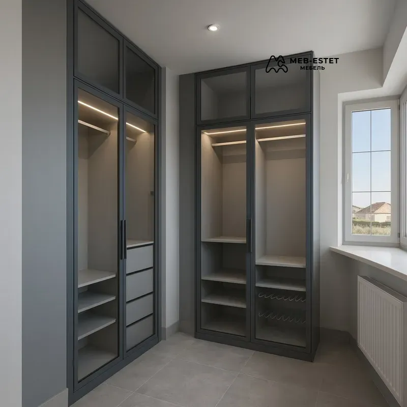 Гардеробная с витринами серый